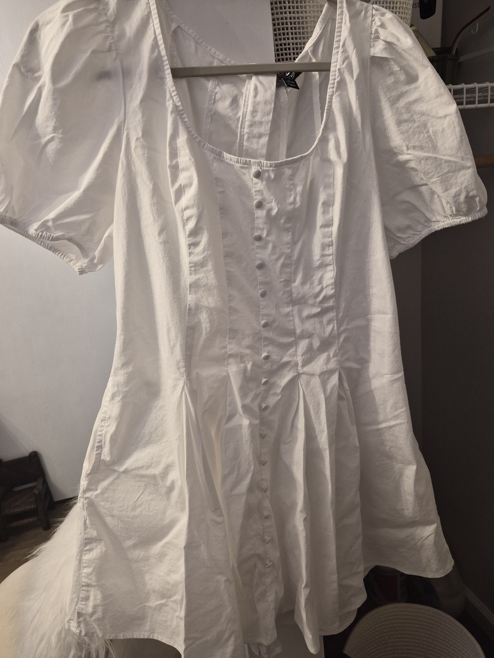 White Button-Front Puff Sleeve Tunic Dress